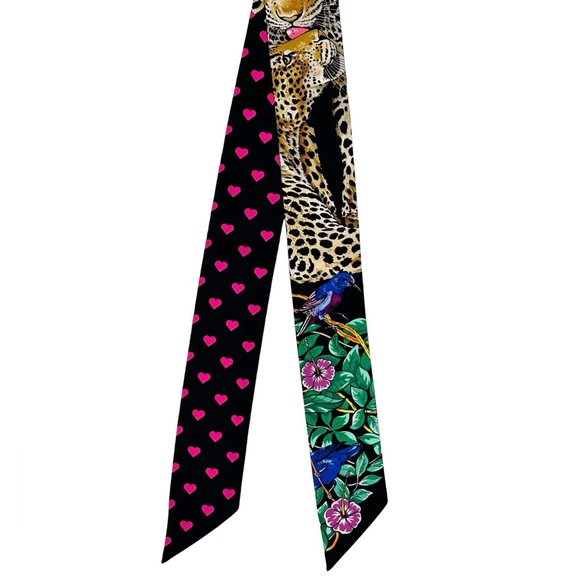 Hermès Silk Jungle Love Love Twilly Black Vert Rose Vif Authentic - Picture 2 of 5